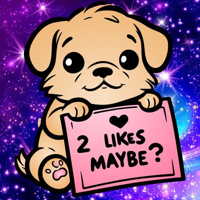 a puppy holding a sign that says 2 likes maybe?