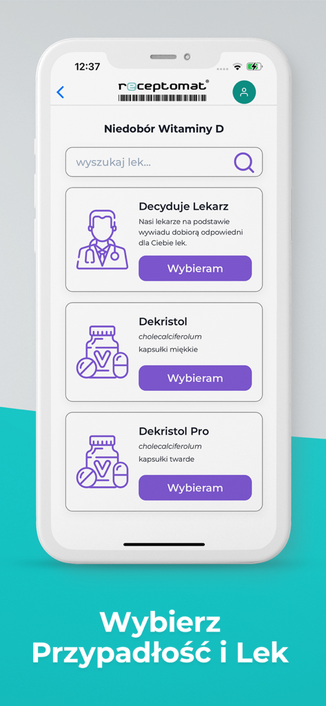 Interface de l'application mobile Receptomat pour la sélection des traitements et suppléments médicaux.