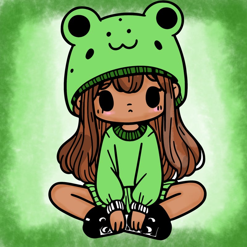 a girl wearing a frog hat and some frog socks