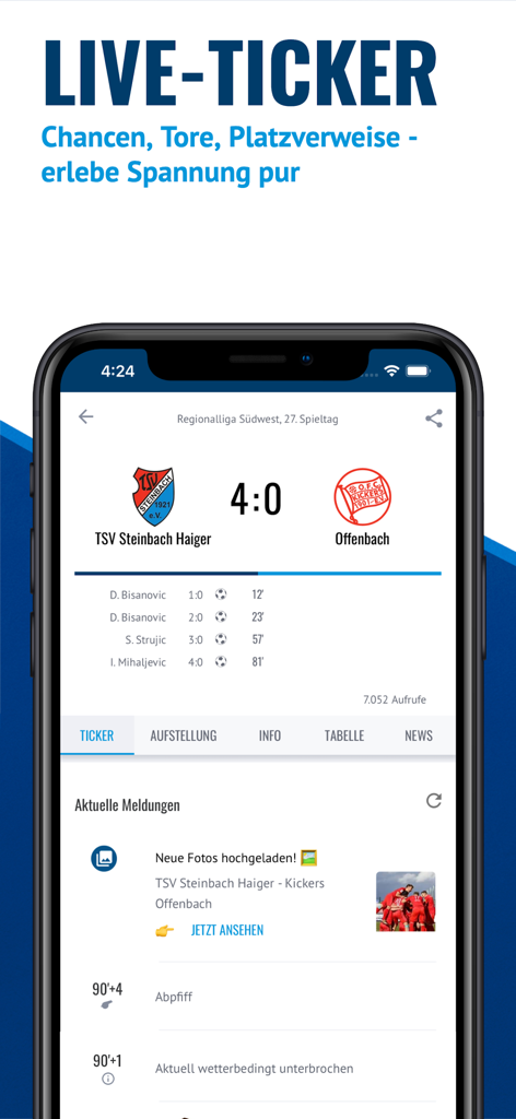 Uma captura de tela do aplicativo FuPa exibindo um ticker de jogo ao vivo para uma partida de futebol amador com artilheiros e placar final