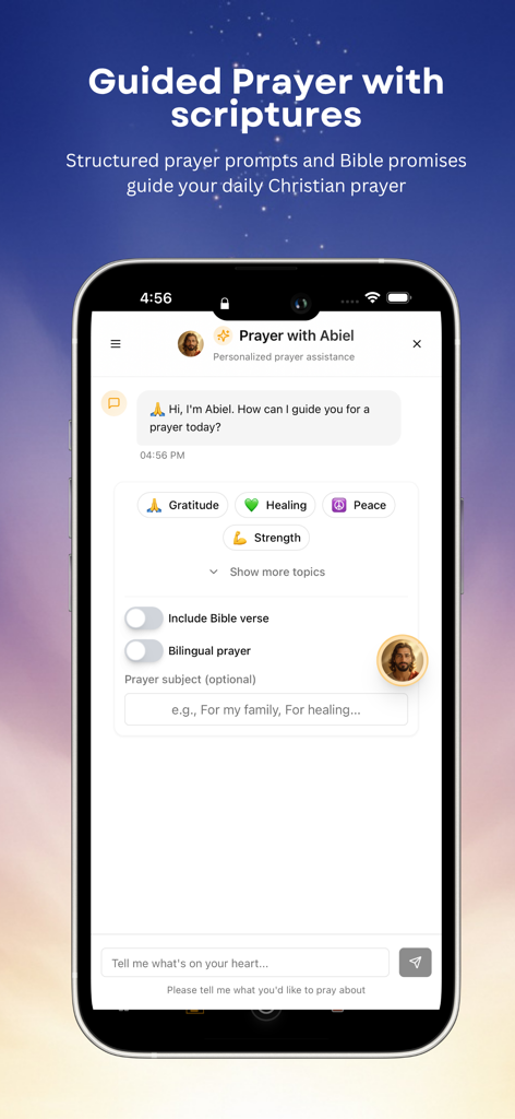 Abiel – Prayer Companion - Interfaz de oración guiada en la aplicación Abiel con sugerencias basadas en las Escrituras y temas de oración como gratitud y sanación.