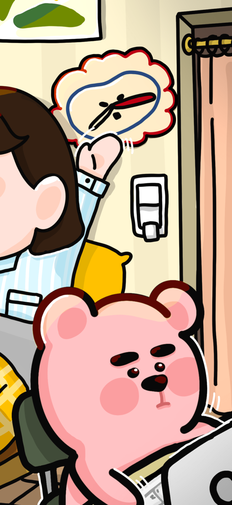 원룸만들기 - 잘 꾸며진 스튜디오 아파트에서 노트북을 사용하는 분홍색 곰 마스코트의 만화 일러스트.