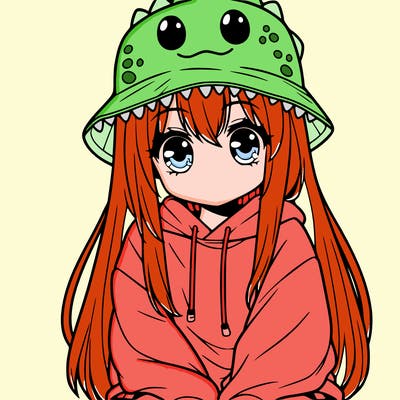 girl with anime shaped eyes with a dinosaur bucket hat oversized sweatshirt long straight hair