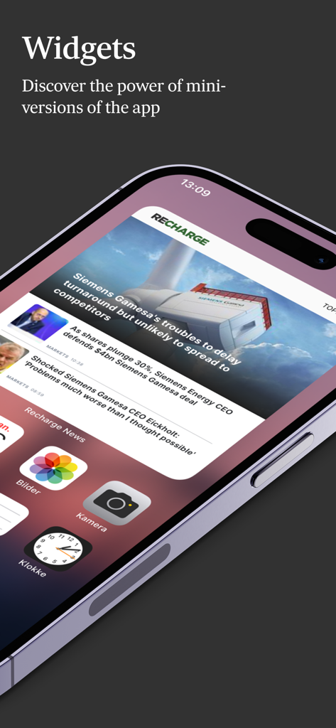 Recharge News iOS-Widget auf dem Startbildschirm eines iPhones, das Geschäftsnachrichten über erneuerbare Energien anzeigt.