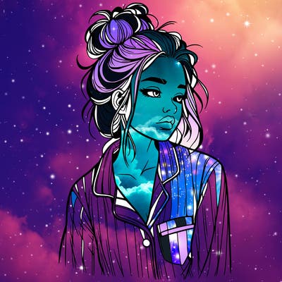 realistic woman with pajamas on and a messy bun