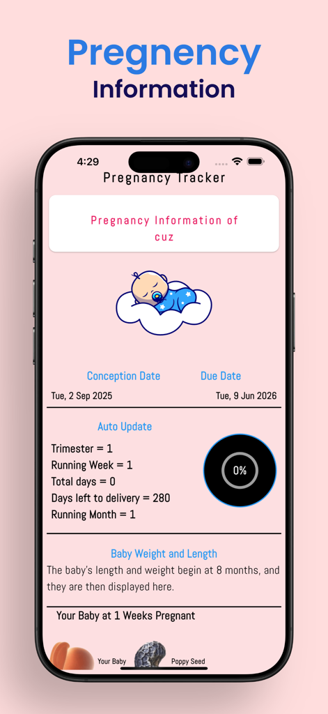 Pregnancy - Baby Tracker App - Panel de la aplicación Rastreador de Embarazo y Bebé que muestra el progreso semanal y la comparación del tamaño del bebé
