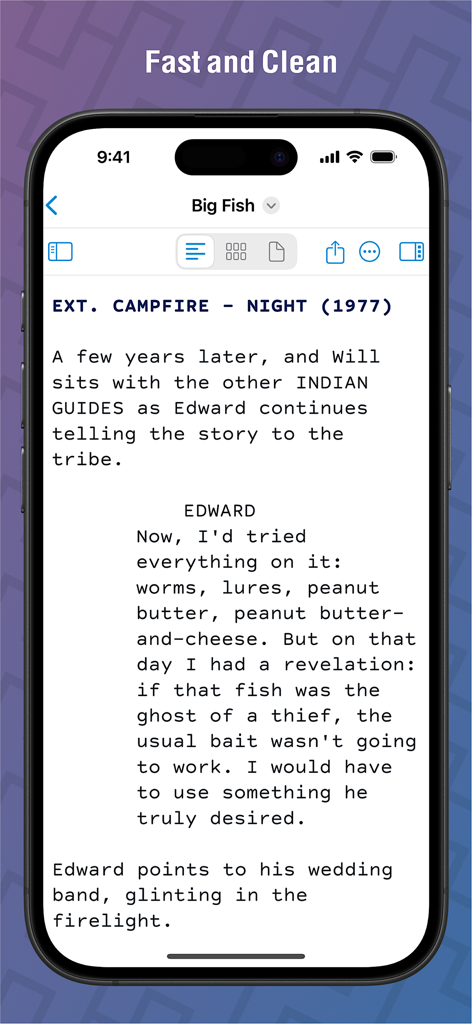 Highland Pro screenwriting app interface on an iPhone displaying a script scene at a campfire