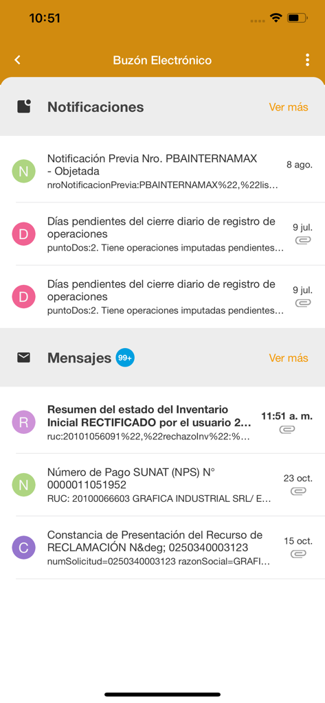 APP Personas - Electronic mailbox screen of the SUNAT APP Personas showing tax notifications and messages.