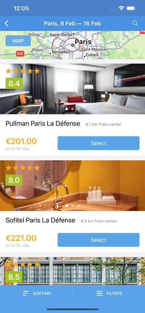 Hotel search results for Paris in the City Travel app showing prices and ratings