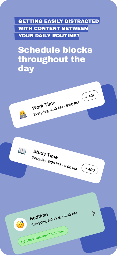 Porn Website Blocker: BlockerX - BlockerX app interface for scheduling productivity blocks during the day