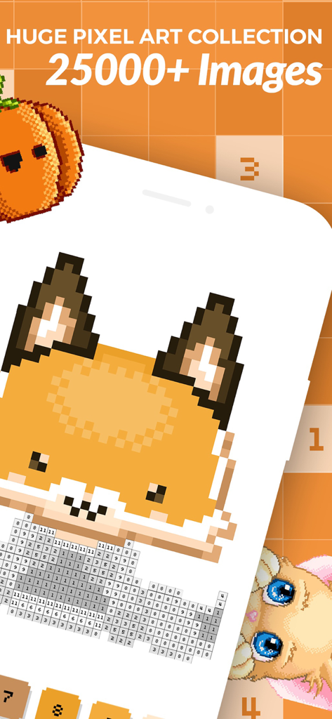 Color By Number! Pixel Art - Pixel art coloring game interface showing a cute fox and a grid of numbered squares