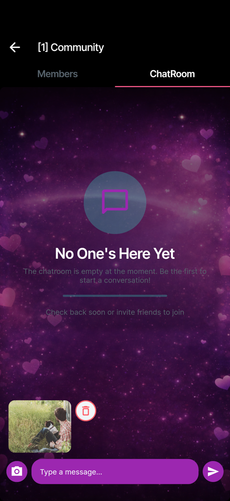 Area Girl Community-Chatroom-Oberfläche mit lila Galaxie-Hintergrund