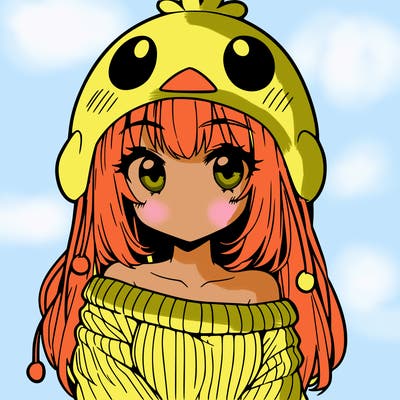 anime girl with chick shaped hat with sweater with bare shoulders with bangs covering them one eye with low tail