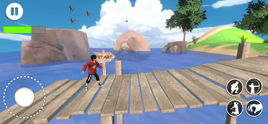 The Escape Story Inside Game - A character in a red hoodie stands on a wooden pier next to a start sign in a 3D adventure game environment