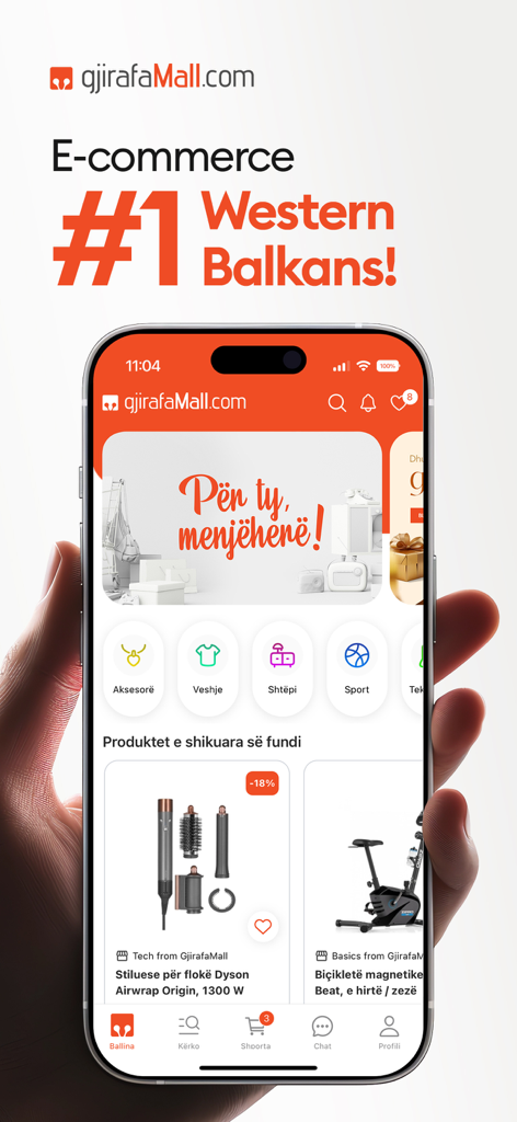 GjirafaMall - Smartphone che visualizza la schermata principale dell'app di e-commerce GjirafaMall con categorie di prodotti e branding e-commerce dei Balcani occidentali