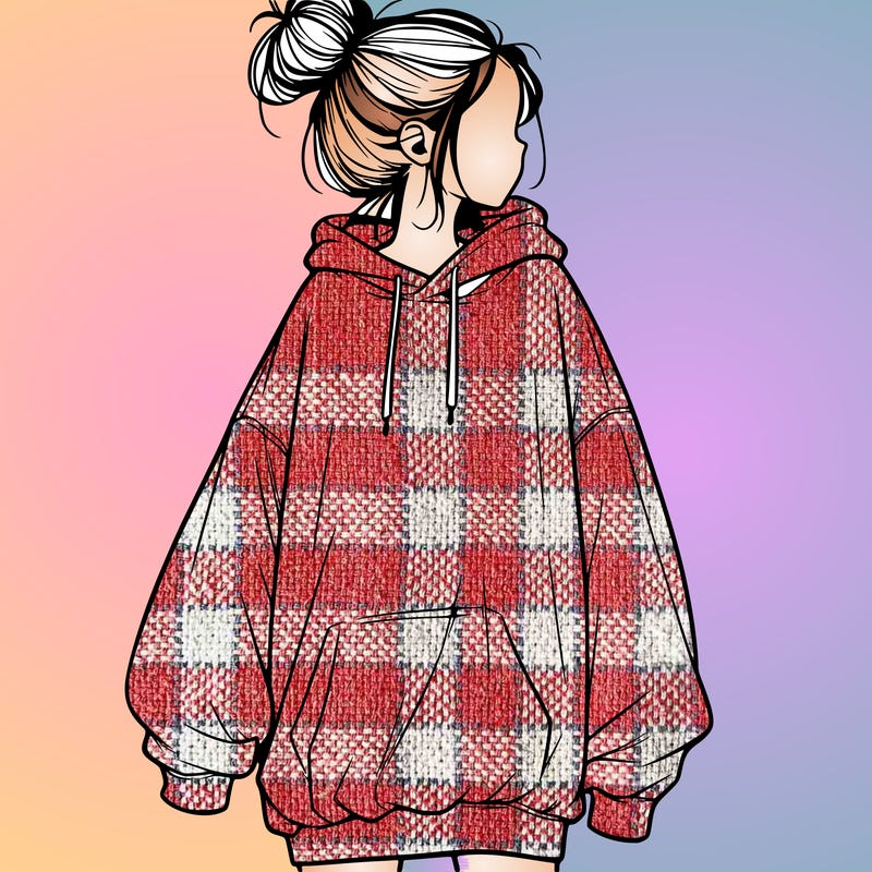 realistic girl with a oversized sweatshirt on and a bun