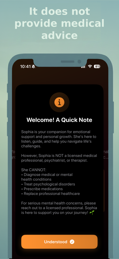 Sophia Helps - Your AI friend - A welcome note and medical disclaimer screen from the Sophia Helps AI app.