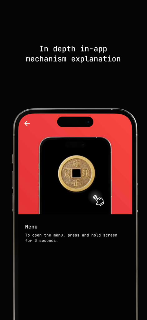 ImagineObject: Magic Trick - Captura de pantalla que explica el mecanismo dentro de la aplicación y cómo acceder al menú secreto manteniendo pulsada la pantalla.