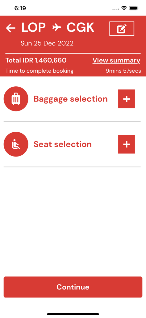 Thai Lion Air app interface showing baggage and seat selection options for a flight booking