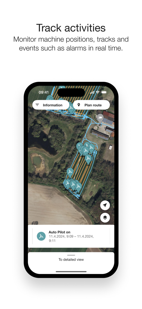 CLAAS connect - Echtzeit-Maschinenverfolgung und Aktivitätsüberwachung auf einer landwirtschaftlichen Satellitenkarte innerhalb der CLAAS connect App.