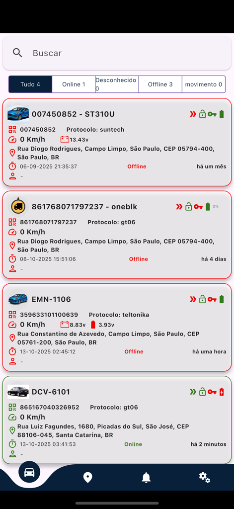 NEW TRACKER APP - Screenshot of the New Tracker App showing a list of monitored vehicles with location and status details