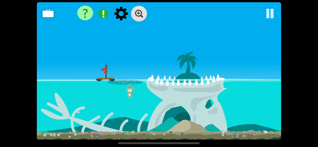 Tiny Story 2 Adventure - Tiny Story 2 Adventureのゲームで、巨大な魚の骨と小さなヤシの木がある島の近くで、ダイビングヘルメットをかぶったかわいいキャラクターが水中を泳いでいる。