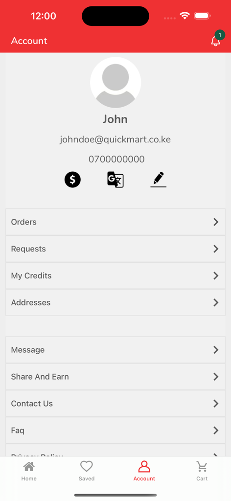 Quickmart Online - Q SOKO - User account and profile page of the Quickmart Online Q SOKO app showing settings and order history options.