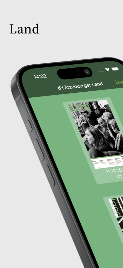 Land for iPhone - Digital edition of d’Lëtzebuerger Land news app on an iPhone screen