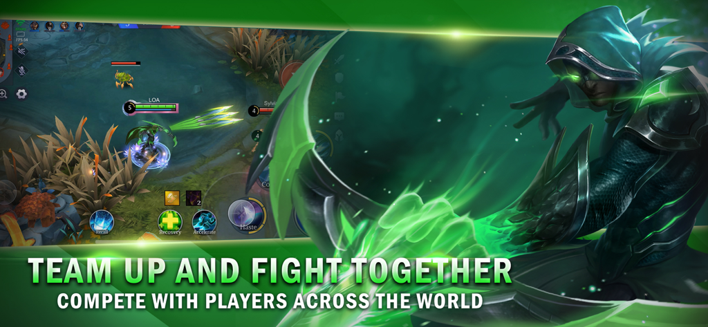 Legend of Ace - Legend of Ace MOBA gameplay screenshot showing a character with green energy and the text Team Up and Fight Together