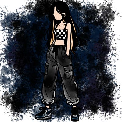 girl in baggy pants crop top and long hair