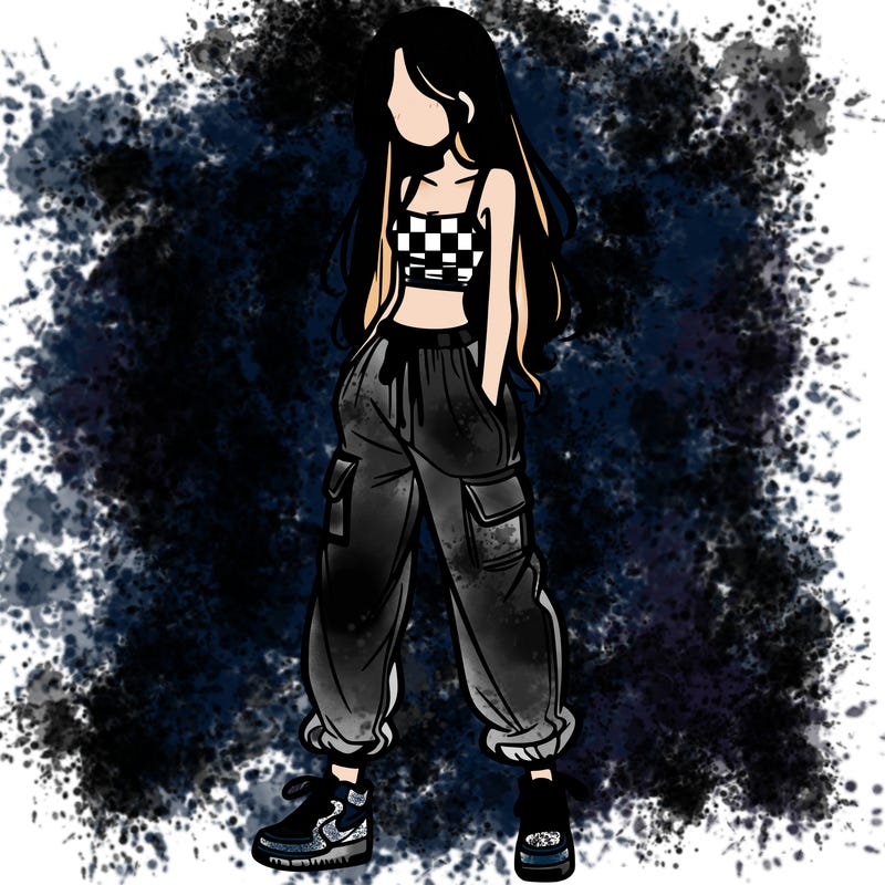 girl in baggy pants crop top and long hair
