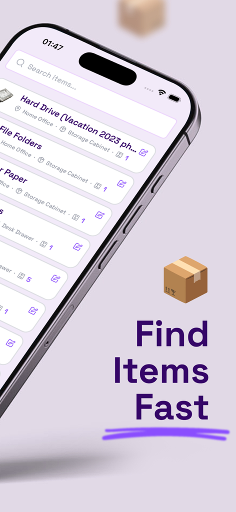 Inventory & Storage Organizer - Smartphone screen showing the Inventory and Storage Organizer app interface with a search bar and a list of categorized household items.