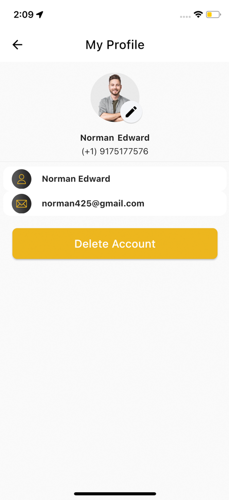 User profile interface of the Ormuta ride hailing app showing account information and a delete account button