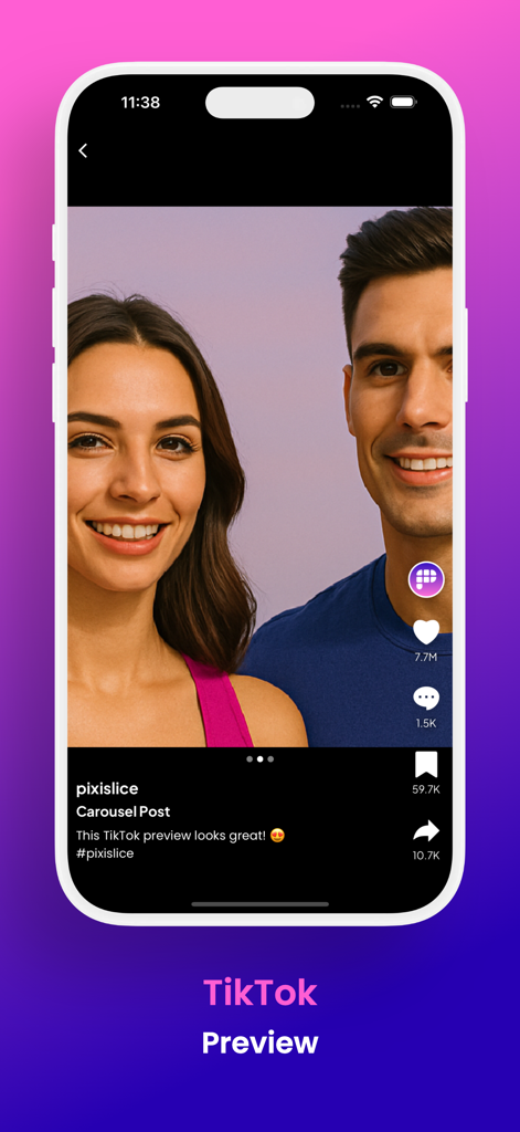 Pixislice - Image Splitter - A preview of a TikTok carousel post showing a seamless photo split using the Pixislice app.