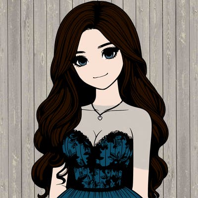 realistic girl with long hair and pretty prom dress