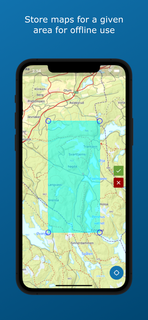 Norgeskart friluftsliv - Selecting a map area for offline use in the Norgeskart friluftsliv app