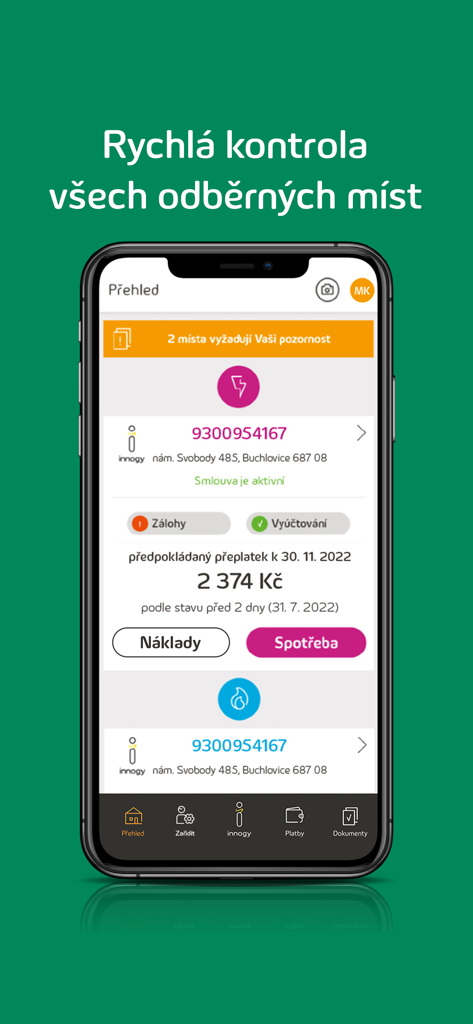 innogy innosvět - innogy innosvet mobile app overview showing energy consumption and costs tracking