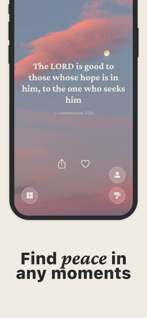 Bible Verse Widget & Prayer - Widget de versículos bíblicos mostrando escritura em um fundo de pôr do sol com o texto Encontre paz em qualquer momento