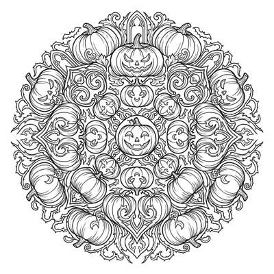 Explore the mystical blend of Halloween fun and intricate art with this captivating Gothic Pumpkin Mandala. This unique design combines cheerful jack-o'-lanterns with elegant, dark scrollwork for a truly enchanting coloring experience.