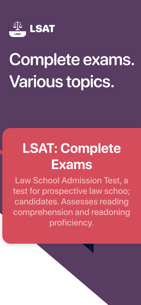 LSAT Prep - LSAT Prepアプリの画面、完全な試験と法科大学院候補者向けのさまざまな学習トピックを表示