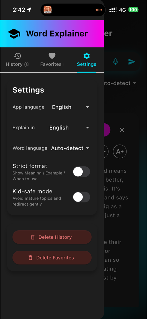 Word Explainer - The settings menu of the Word Explainer app showing language selection options and a toggle for kid-safe mode.