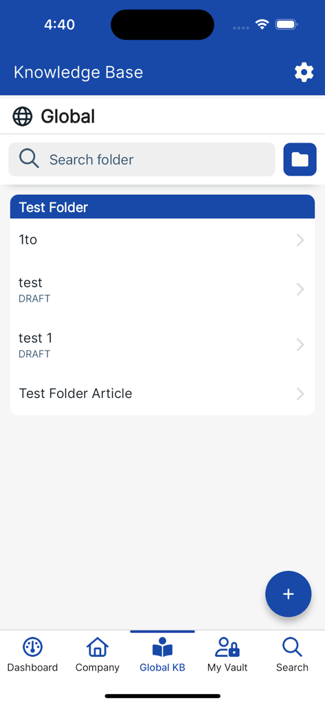 Hudu Mobile - The Global Knowledge Base interface of the Hudu Mobile app showing documentation folders.