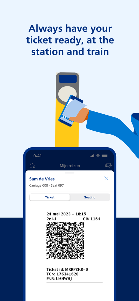 NS International - A mobile screen showing a digital train ticket with a QR code and a graphic of a person scanning their phone at a ticket gate.