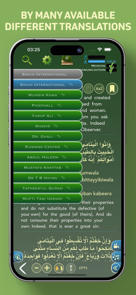 Offline Quran Audio Reader Pro - Interface of the Quran app displaying a list of different translations and tafsir options