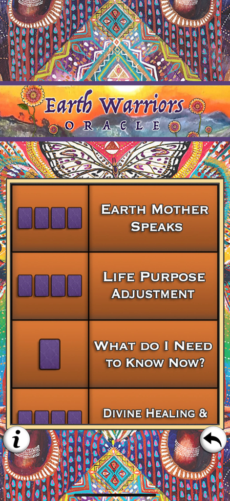 Earth Warriors Oracle Cards - Earth Warriors Oracle card spread selection menu with options like Earth Mother Speaks and Life Purpose Adjustment