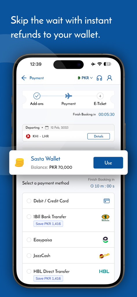 Sastaticket.pk Flights, Bus - Sastaticket app payment screen showing Sasta Wallet balance and various payment methods for booking flights in Pakistan