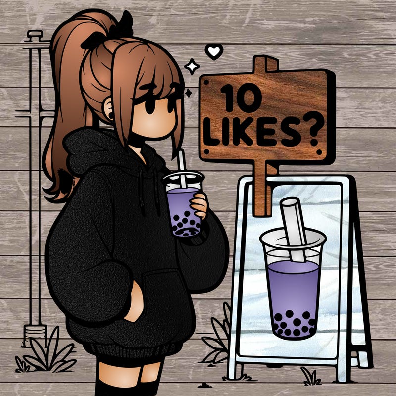 girl with oversized hoodie drinking boba and she has a high ponytail with a sign that says 10likes?