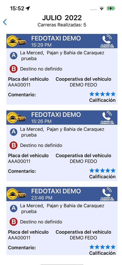 Pantalla que muestra el historial de viajes anteriores con detalles del viaje y calificaciones del conductor