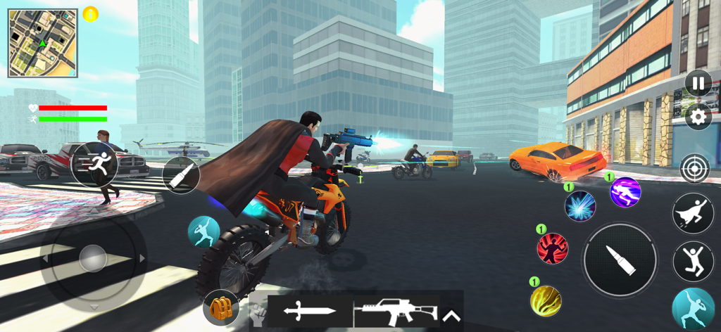 Flying Hero City Crime RPG - Superhero with a cape riding a motorcycle and shooting a gun in a city street