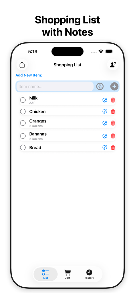USmartCart - Interfaz de la aplicación USmartCart que muestra una lista de compras con artículos y notas personalizadas.